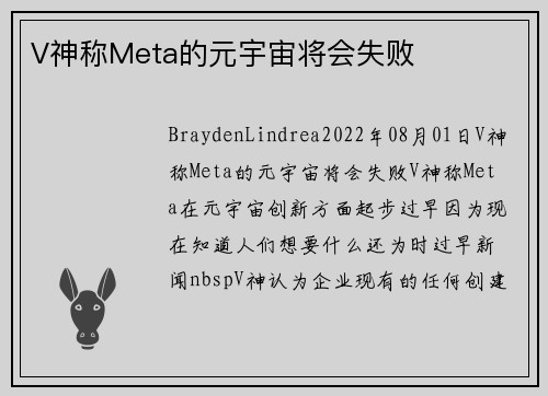 V神称Meta的元宇宙将会失败 